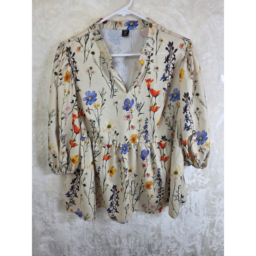 Shein Curve Floral Peplum Beige Wildflower Puff Sleeve‎ Top 0XL sz2410311386541